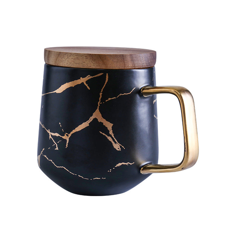 Elegant Gold Ceramic Coffee Mug Set with Wooden Plate