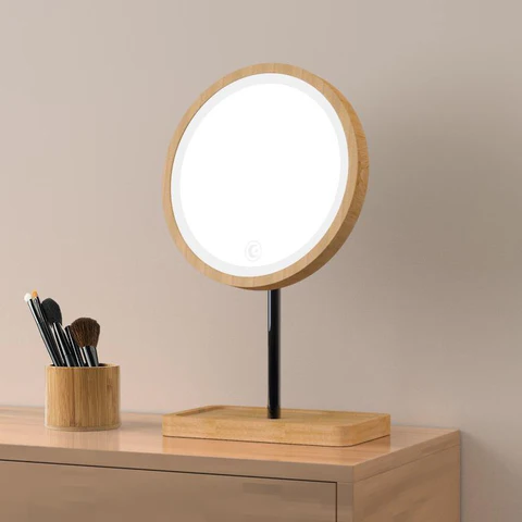 Natural Lighted Wood Vanity Mirror