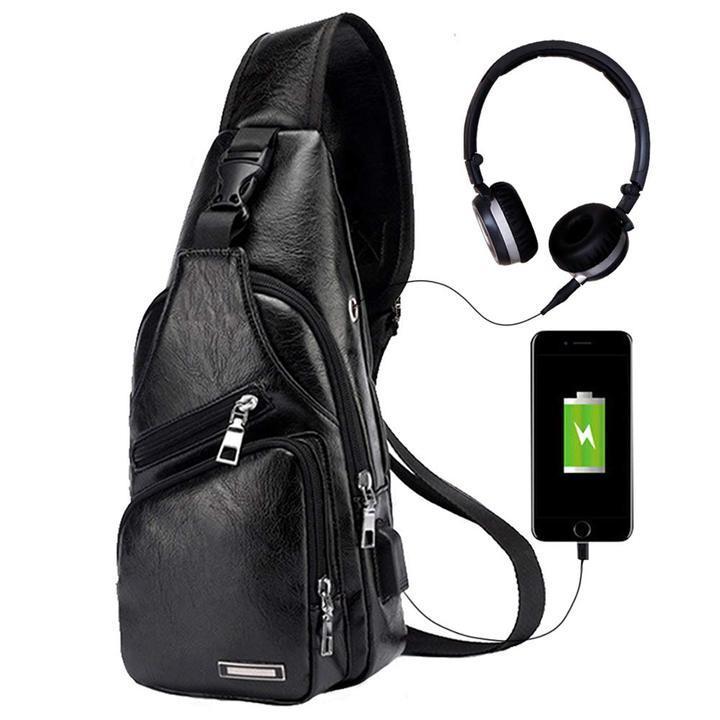 Big Mens Leather Chest Bag Waterproof Laptop Backpack