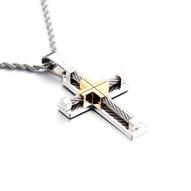 Silver Tone Cross Bead Necklace for Men