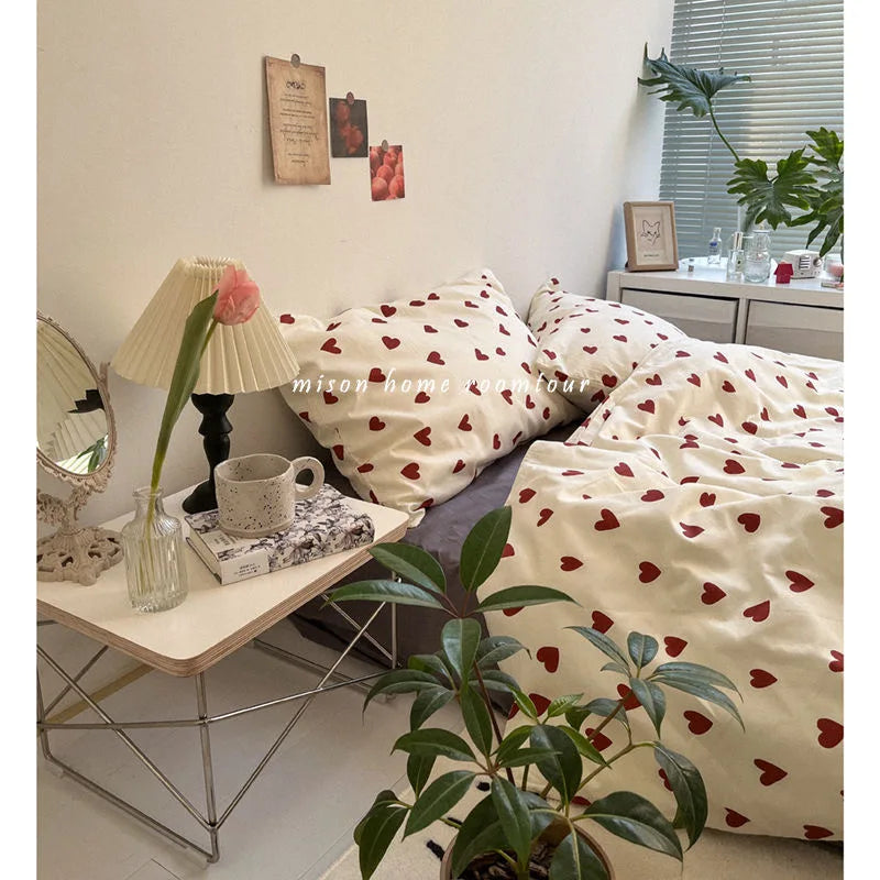 Cute Heart Duvet Cover Set - Soft Floral Bedding