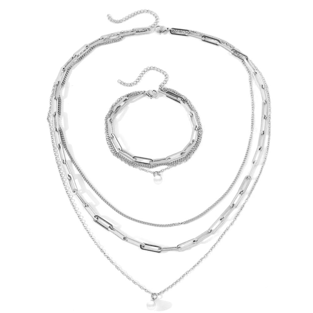 Delicate Pearl Chain Layering Bracelet Necklace Set