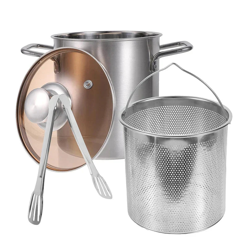 Large Stainless Steel Fry Pan 3L with Lid and Strainer