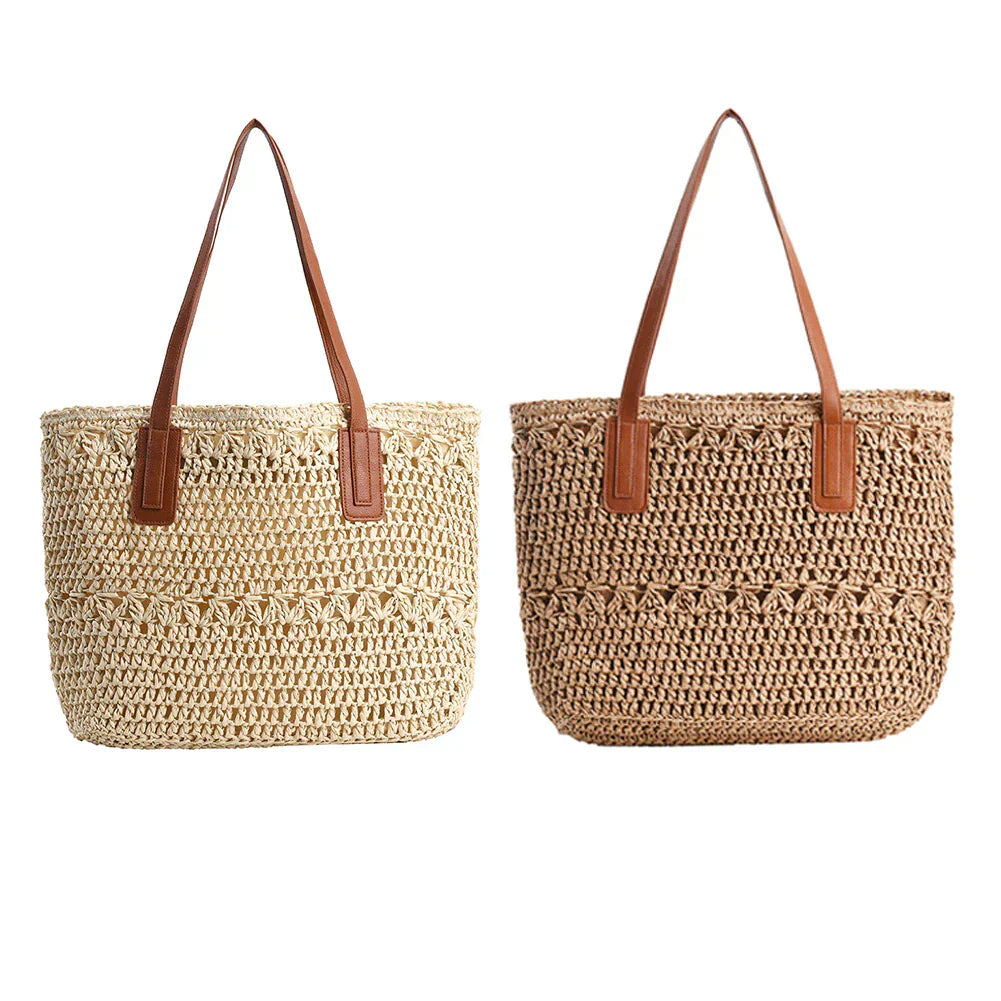 Stylish Woven Tote Bag with Brown Leather Shoulder Straps