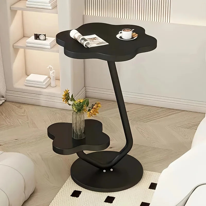 White Floral End Table with 2 Tier Storage and Metal Base