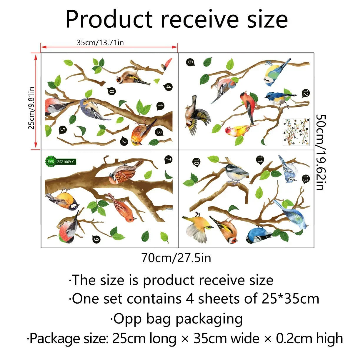 Decorative Bird Wall Decals with Leaves, 3D Vinyl Stickers
