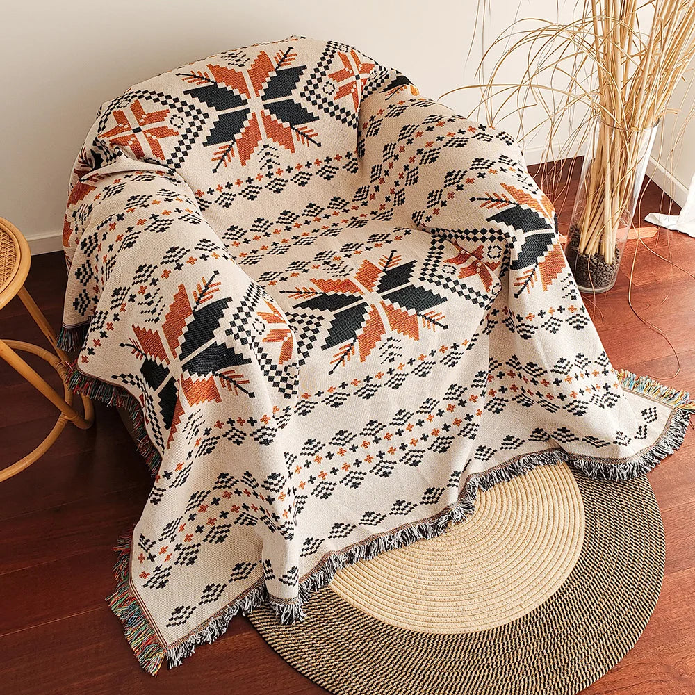 Large Boho Chic Aztec Throw Blanket with Fringe