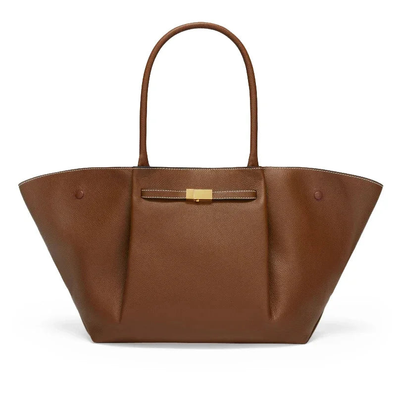 Large Leather Shoulder Handbag with Gold Buckle