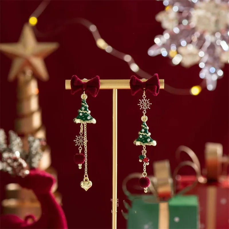 Fesara | Lunarelle Christmas Tree Earrings - Green & Gold, Lightweight and Festive with Elegant Bow