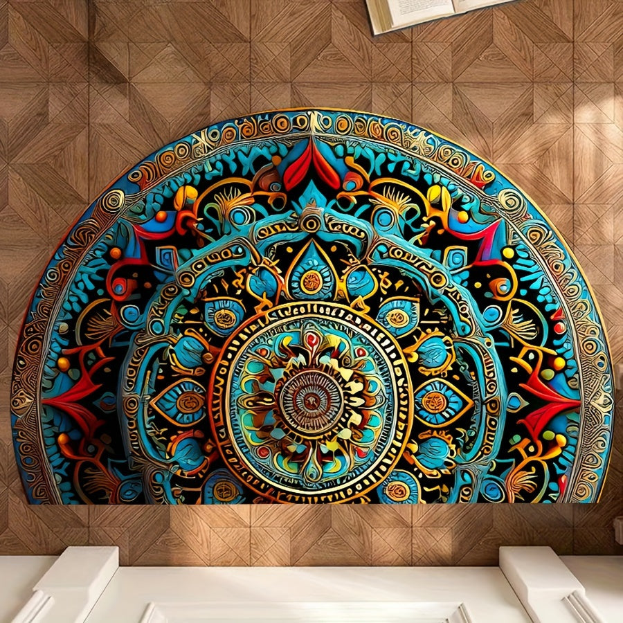 Semicircle Welcome Mat with Mandala Pattern Rug