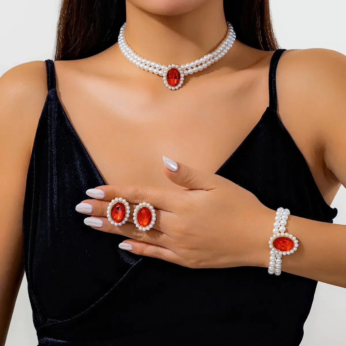 Luxury Diamond Pearl Jewelry Set Necklace Earrings Bracelet