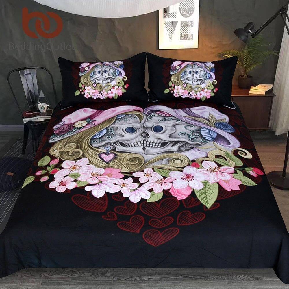 Dark Skull Pink Soft 3pc Bedding Set - Fesara