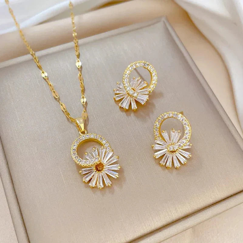 Sparkling Flower Diamond Pendant Set