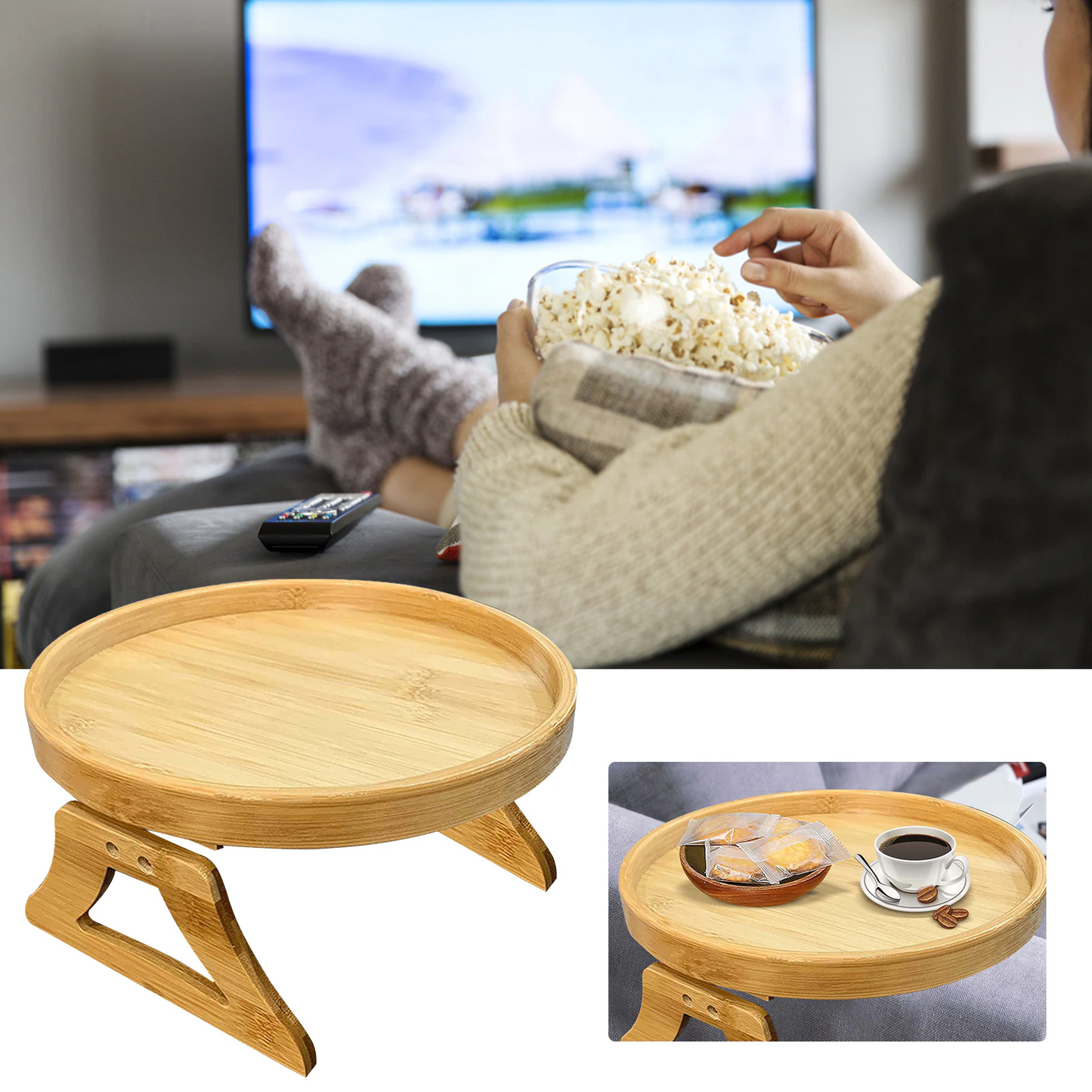 Natural Bamboo Sofa Tray Table Clip On
