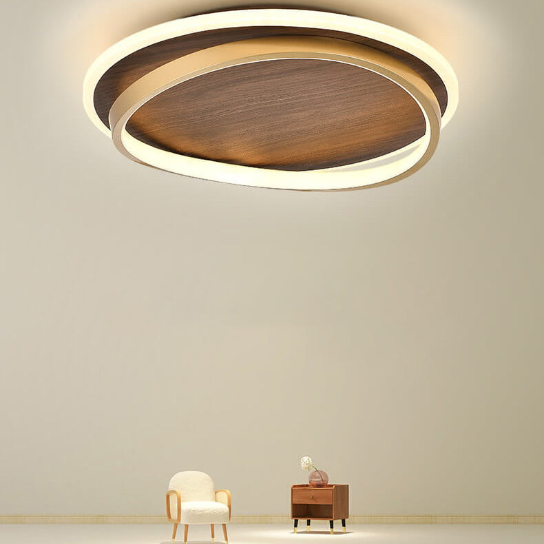 Round Modern Wood Tone LED Ceiling Light Fixture