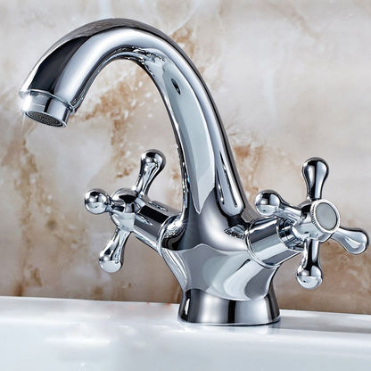 Luxury Bathroom Faucet with Cross Handles - Solid Brass Finish