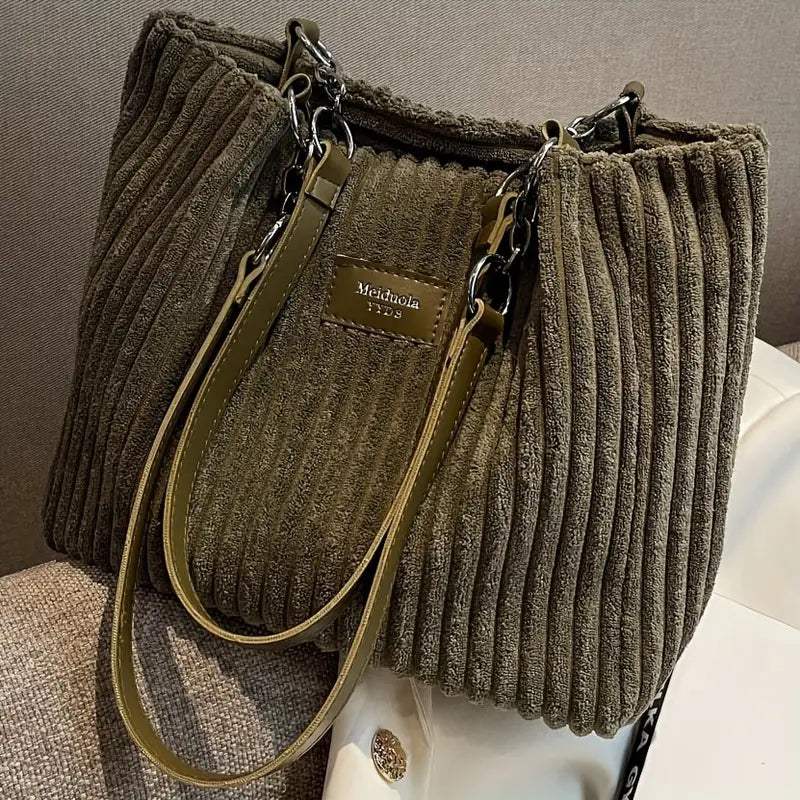 Large Corduroy Shopping Bag for Women with Inside Pockets