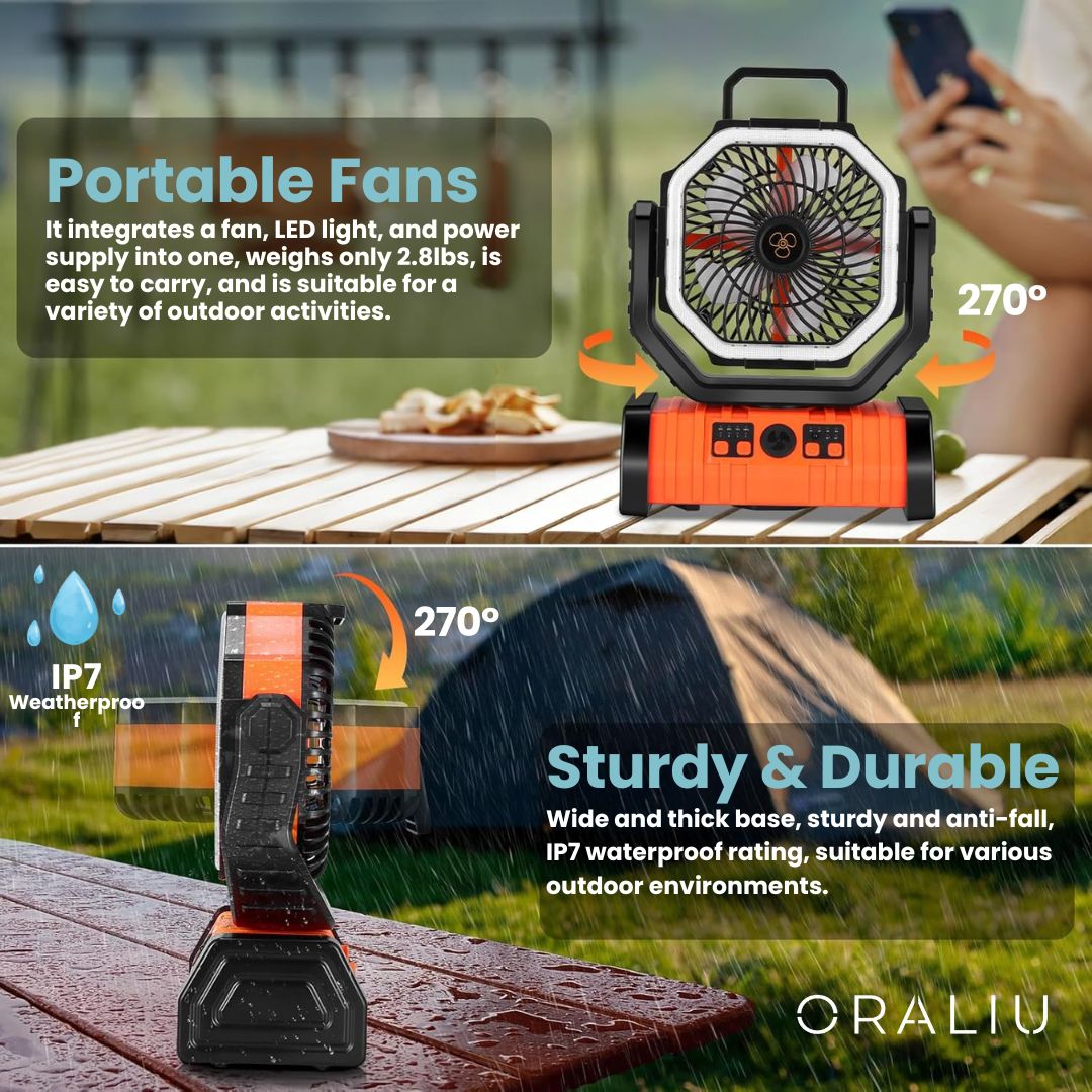 Portable Camping Fan with LED Light and Power Bank