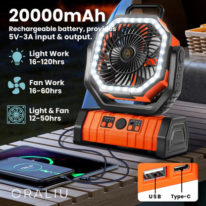 Portable Camping Fan with LED Light and Power Bank