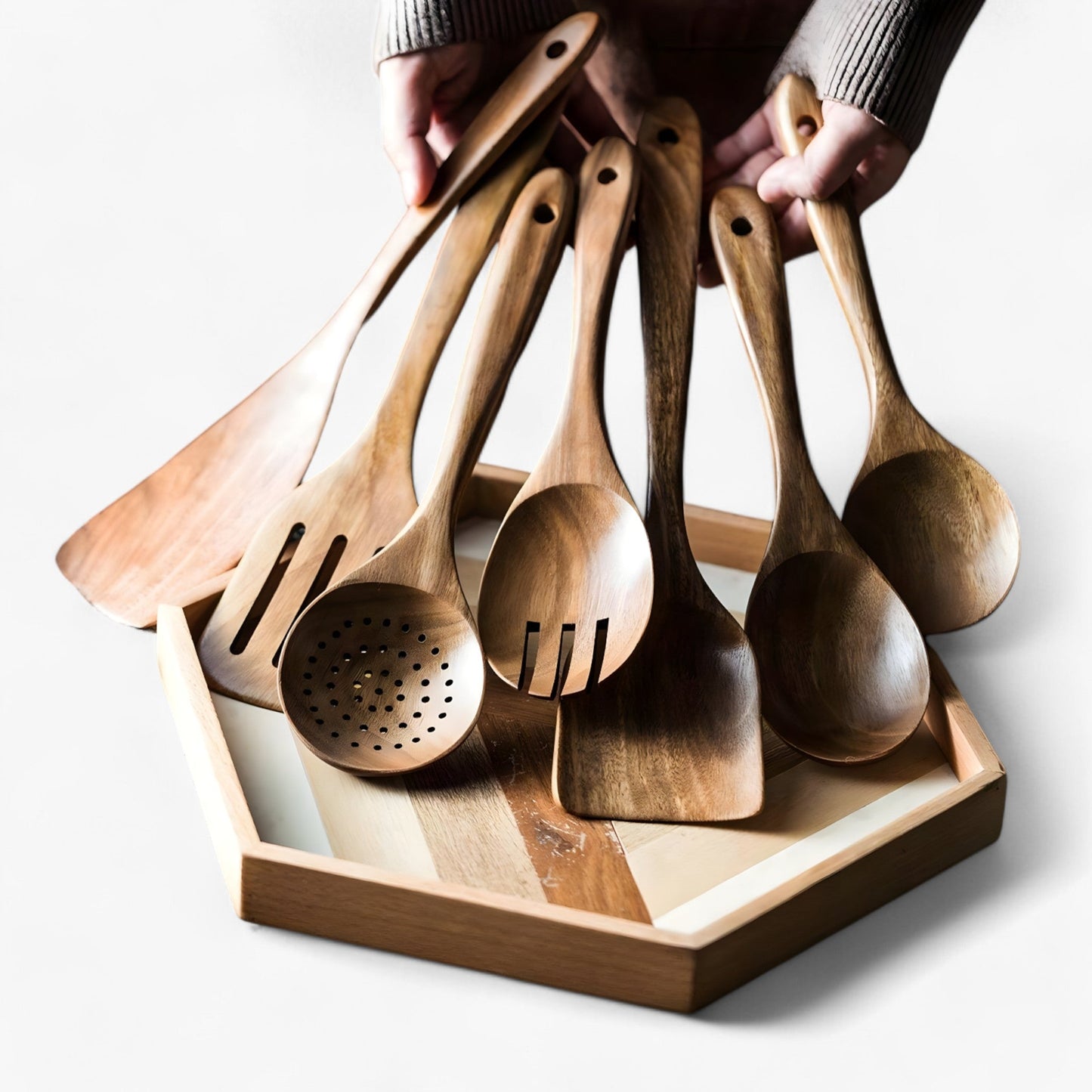 Natural Wood Kitchen Tool Set - 9 Piece Cooking Utensils