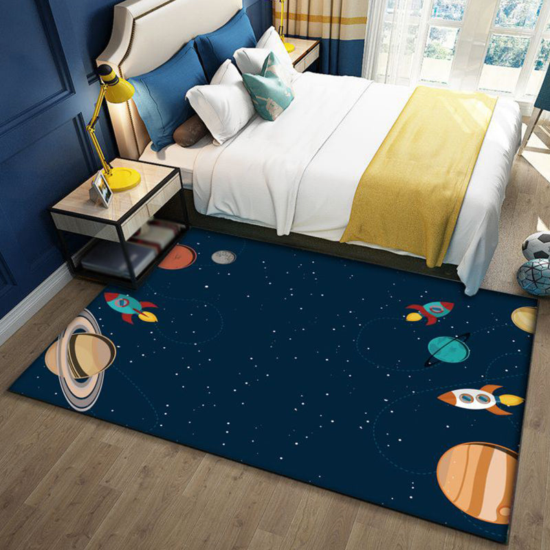 Fun Galaxy Kids Rug Blue Polyester Non-Slip Mat