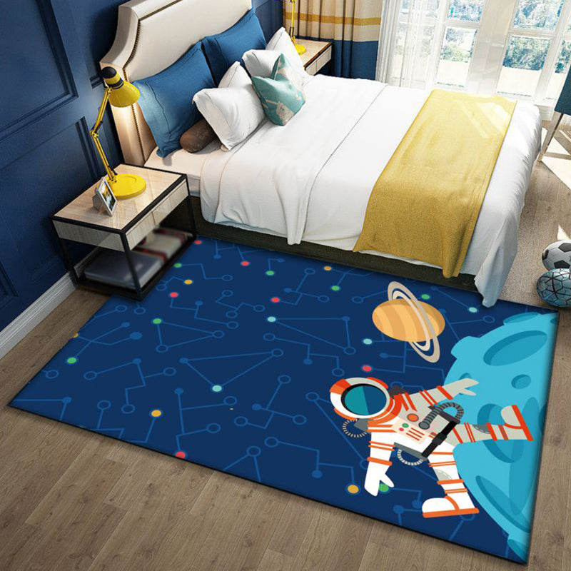 Fun Galaxy Kids Rug Blue Polyester Non-Slip Mat