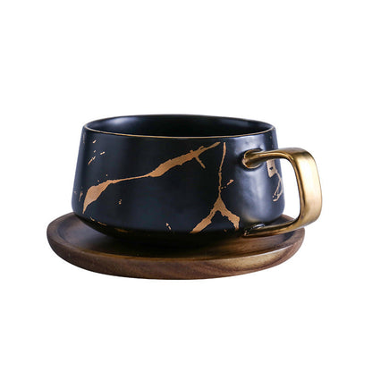 Elegant Gold Ceramic Coffee Mug Set with Wooden Plate