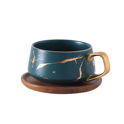 Elegant Gold Ceramic Coffee Mug Set with Wooden Plate