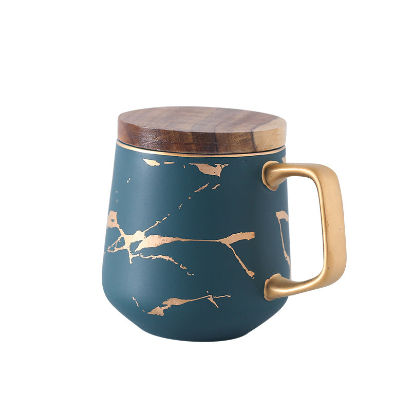 Elegant Gold Ceramic Coffee Mug Set with Wooden Plate