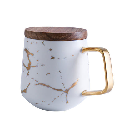 Elegant Gold Ceramic Coffee Mug Set with Wooden Plate