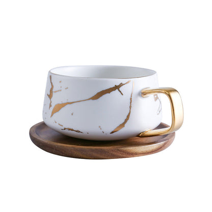 Elegant Gold Ceramic Coffee Mug Set with Wooden Plate
