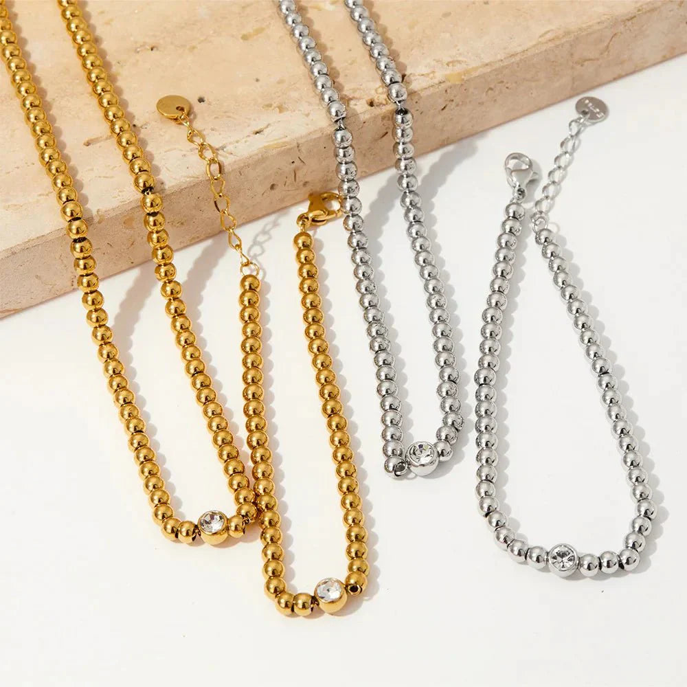 Luxury 18k Diamond Bead Necklace and Bracelet Set