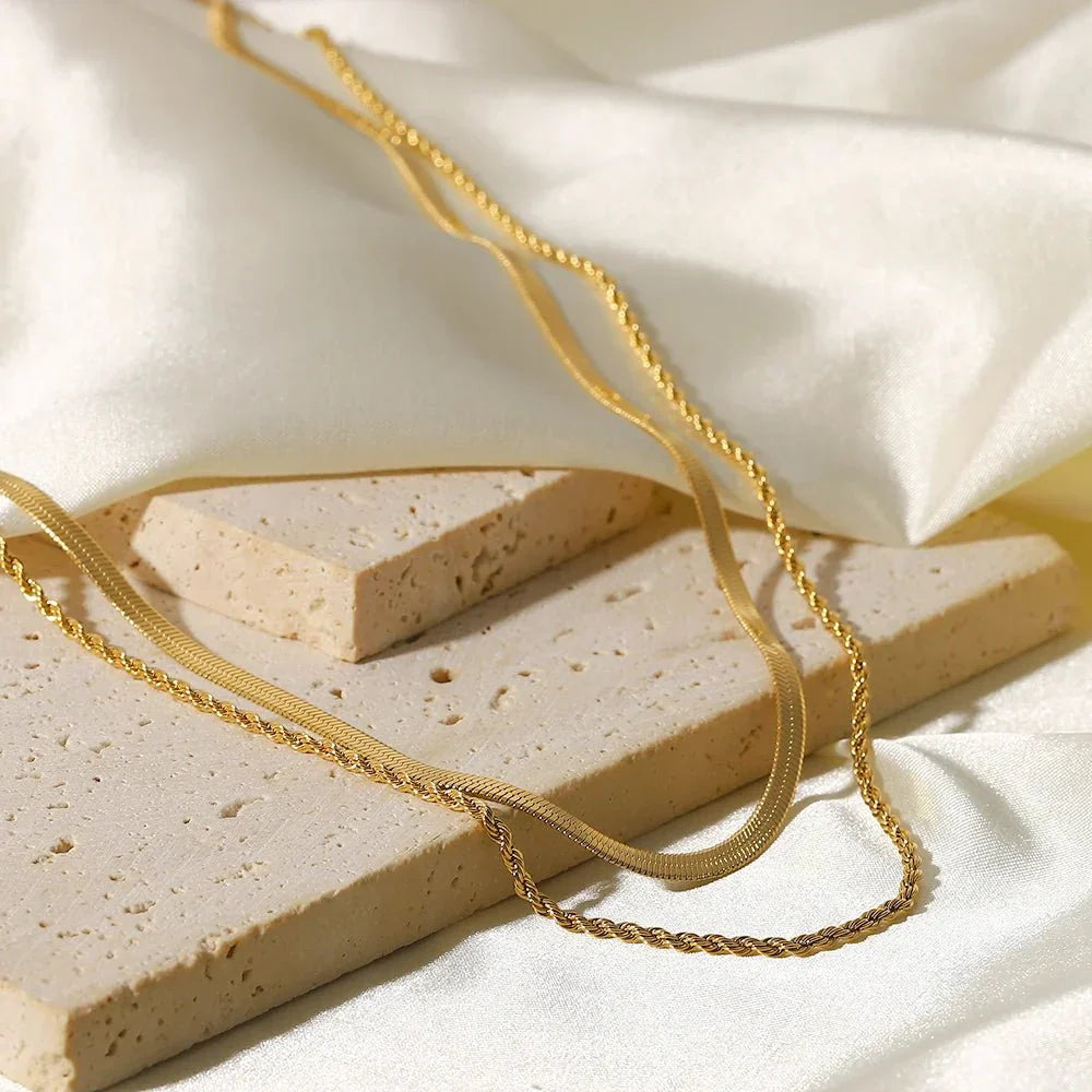 Gold Layered Herringbone Chain Necklace