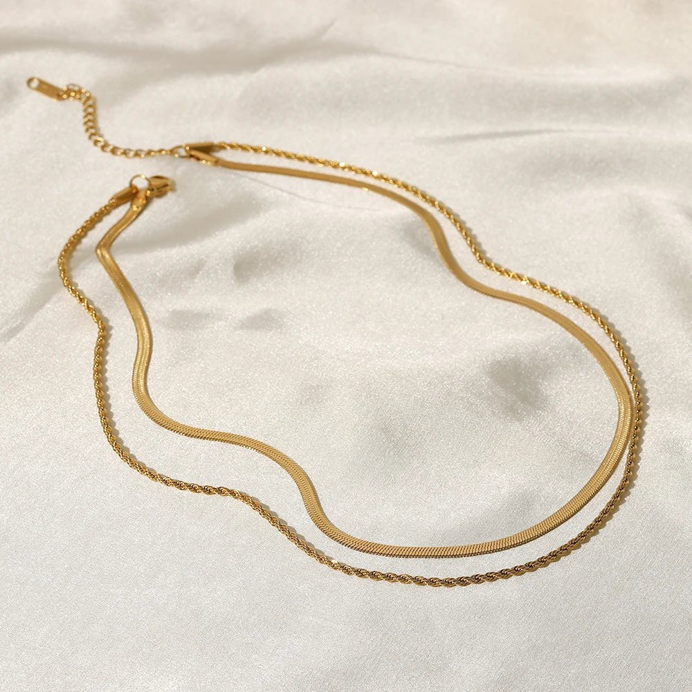 Gold Layered Herringbone Chain Necklace