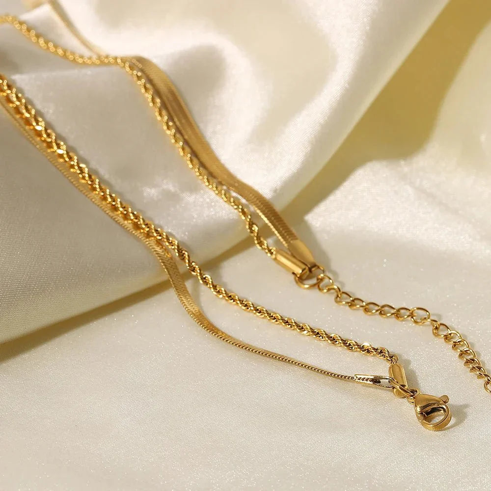 Gold Layered Herringbone Chain Necklace