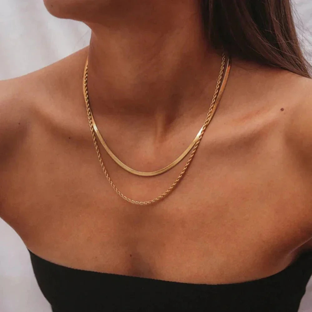 Gold Layered Herringbone Chain Necklace - Fesara