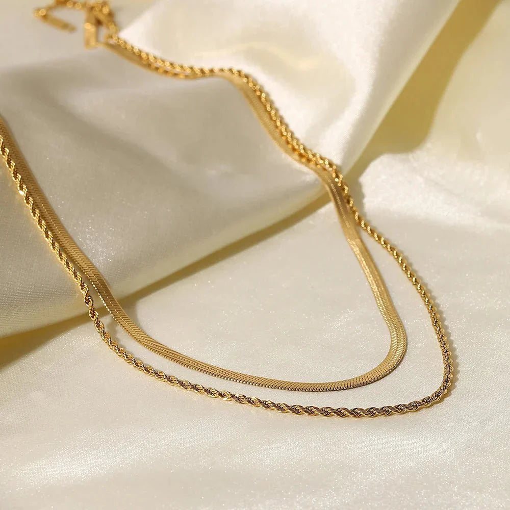 Gold Layered Herringbone Chain Necklace