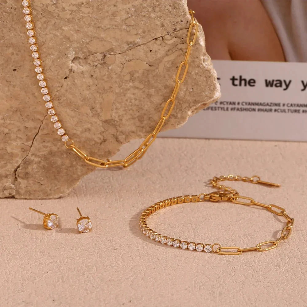 Gold Paperclip Link Necklace, Bracelet, and Earrings Set