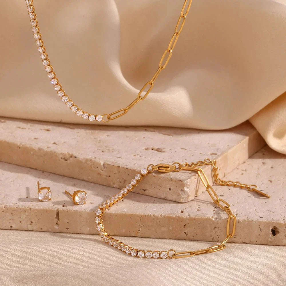 Gold Paperclip Link Necklace, Bracelet, and Earrings Set