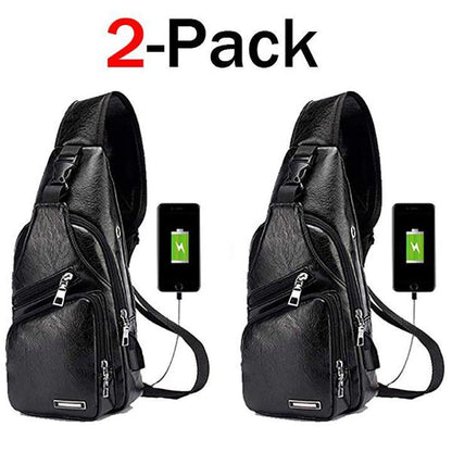 Big Mens Leather Chest Bag Waterproof Laptop Backpack