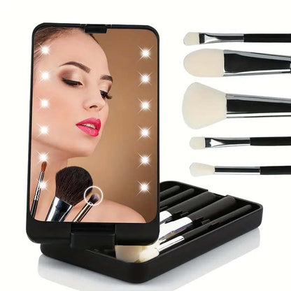 Portable Travel Makeup Brush Kit with LED Mirror