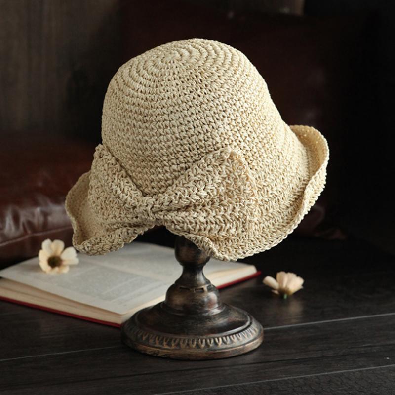 Vintage Foldable Straw Hat with Ribbon
