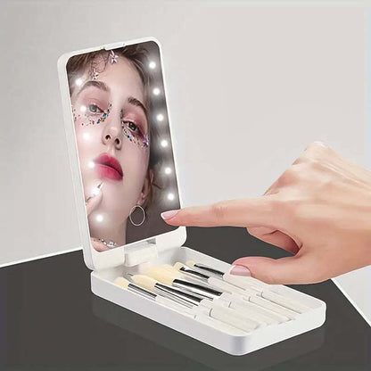 Portable Travel Makeup Brush Kit with LED Mirror