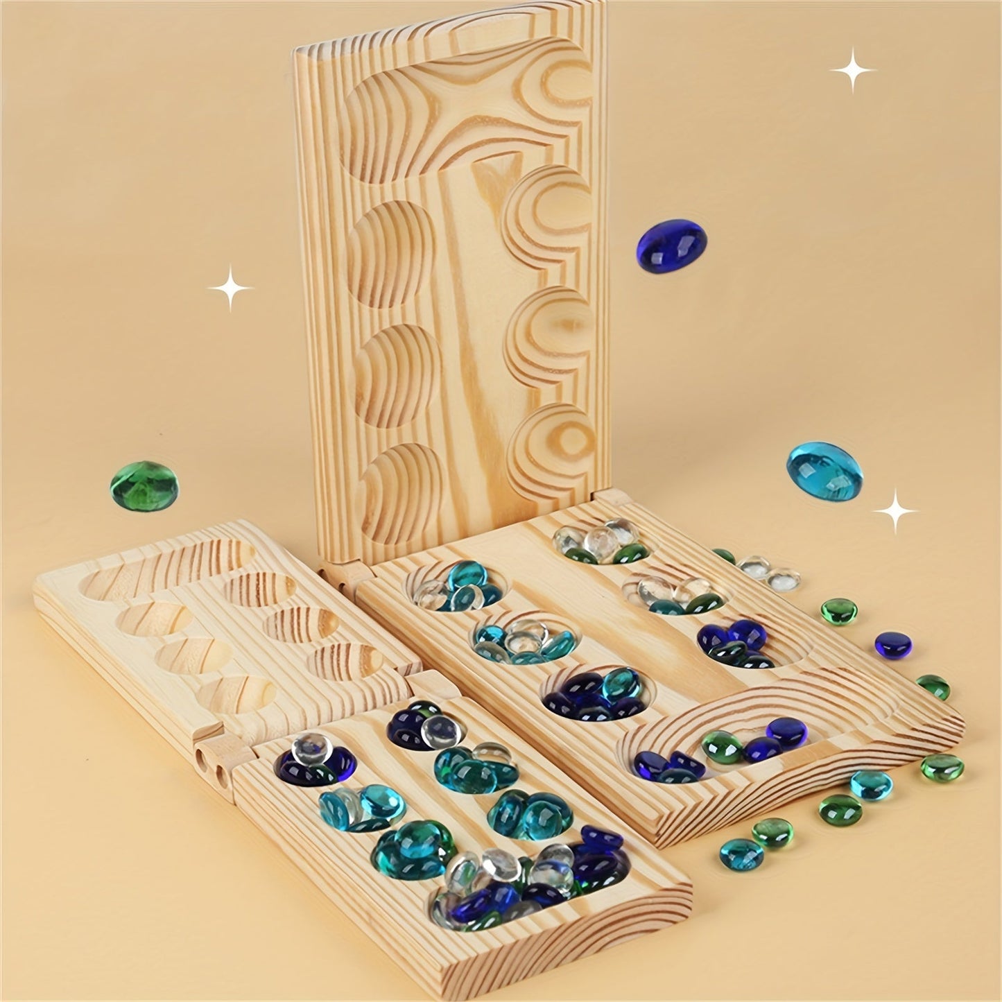 Portable Wooden Mancala Game Set with Colorful Beads
