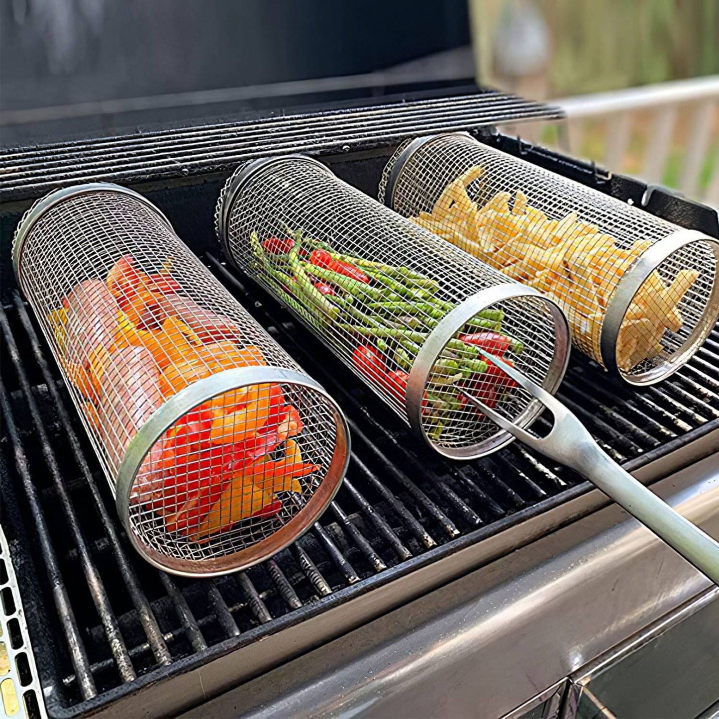 Compact 2-Piece BBQ Rolling Grill Stainless Steel Set