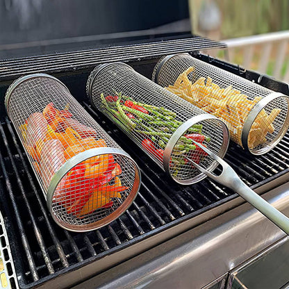 Compact 2-Piece BBQ Rolling Grill Stainless Steel Set