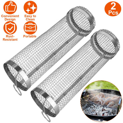 Compact 2-Piece BBQ Rolling Grill Stainless Steel Set