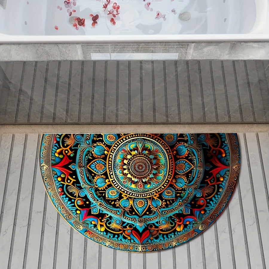 Semicircle Welcome Mat with Mandala Pattern Rug