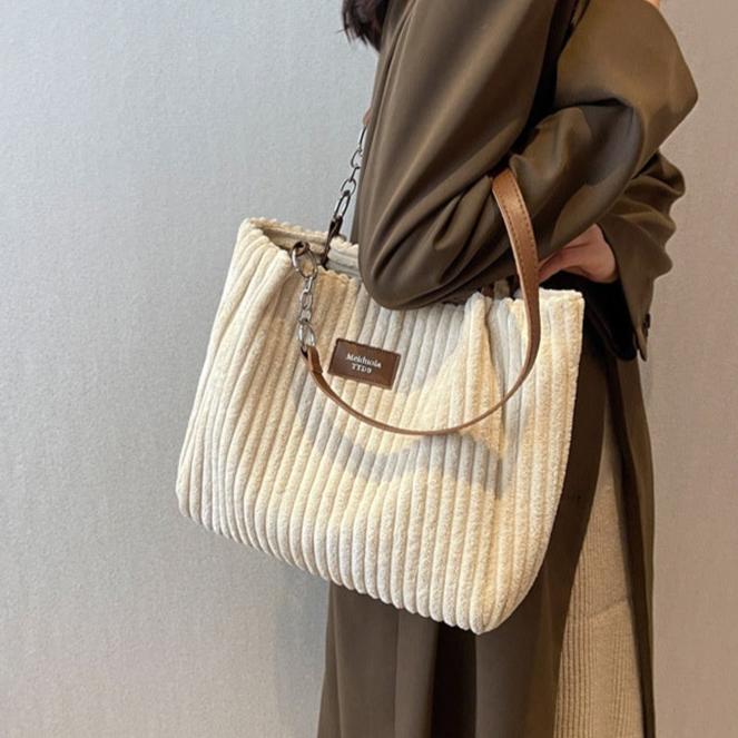 Large Corduroy Shopping Bag for Women with Inside Pockets