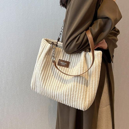 Large Corduroy Shopping Bag for Women with Inside Pockets